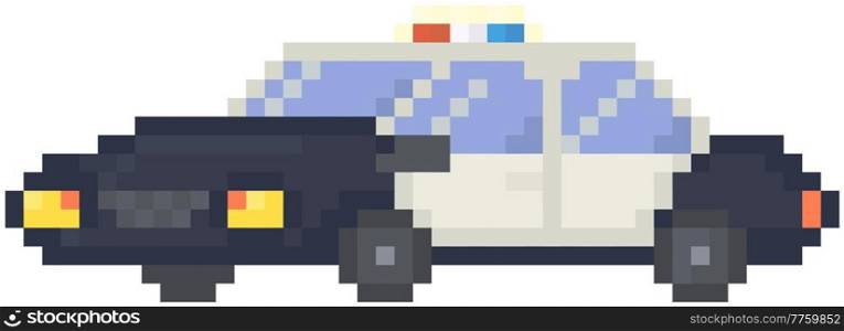 Police car with flashing lights for pixel-game design. Pixel transport for chasing criminals. Fast black and white automobile. Pexaleted police game. Quest by car, official automotive vehicle isolated. Police car with flashing lights. Pixel ransport for chasing criminals. Fast black and white vehicle