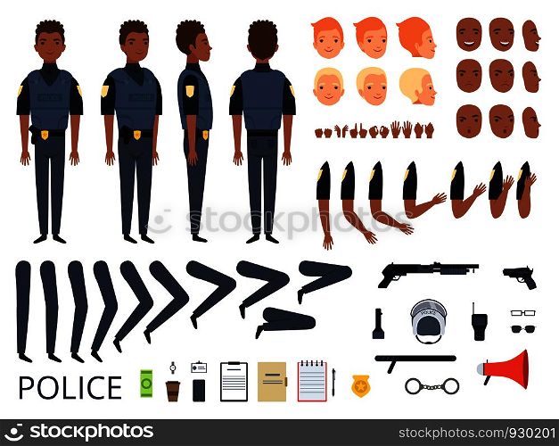 Police characters. Detail creation kit constructor bodyguard man cop poses and uniform professional clothes and tools vector cartoon. Police face and policeman body generator illustration. Police characters. Detail creation kit constructor bodyguard man cop poses and uniform professional clothes and tools vector cartoon