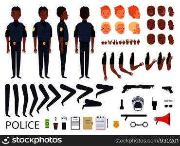 Police characters. Detail creation kit constructor bodyguard man cop poses and uniform professional clothes and tools vector cartoon. Police face and policeman body generator illustration. Police characters. Detail creation kit constructor bodyguard man cop poses and uniform professional clothes and tools vector cartoon