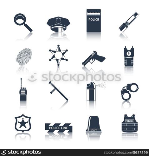 Police crime and justice black icons set with handcuffs fingerprints baton isolated vector illustration
