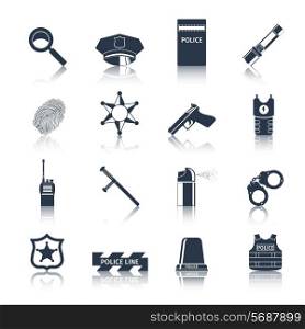 Police crime and justice black icons set with handcuffs fingerprints baton isolated vector illustration