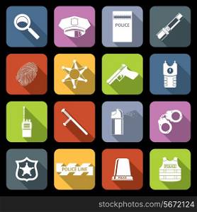 Police crime and justice flat icons set with badge gun cap isolated vector illustration
