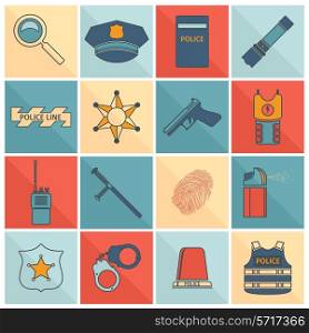 Police crime and justice flat line icons set with magnifier hat shield flashlight isolated vector illustration