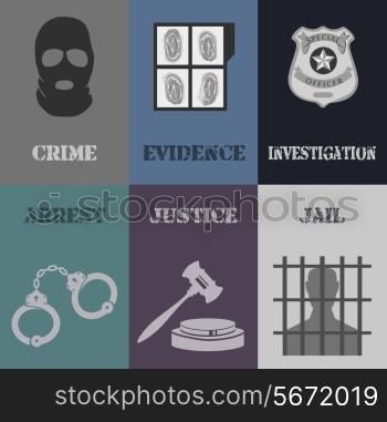 Police crime evidence investigation mini posters with arrest jail justice isolated vector illustration