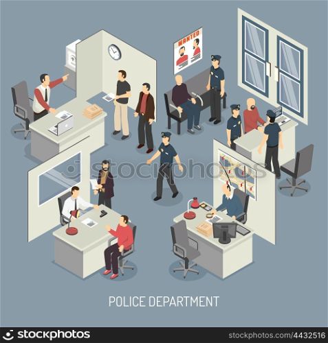 Police Department Isometric Composition. Police department isometric composition with policemen visitors arrested persons interrogation office interior on blue background vector illustration