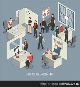 Police Department Isometric Composition. Police department isometric composition with policemen visitors arrested persons interrogation office interior on blue background vector illustration