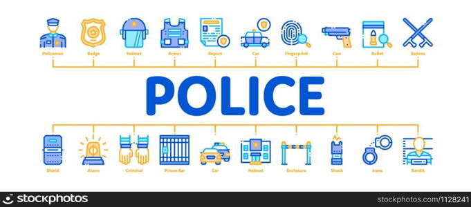 Police Department Minimal Infographic Web Banner Vector. Policeman Silhouette, Police Badge And Body Armor, Helmet And Gun And Truncheon Concept Illustrations. Police Department Minimal Infographic Banner Vector