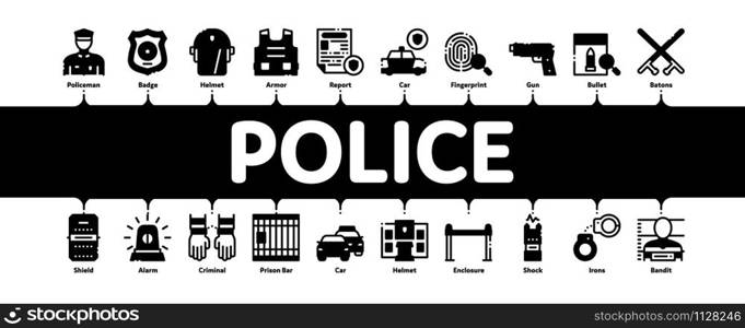 Police Department Minimal Infographic Web Banner Vector. Policeman Silhouette, Police Badge And Body Armor, Helmet And Gun And Truncheon Concept Illustrations. Police Department Minimal Infographic Banner Vector