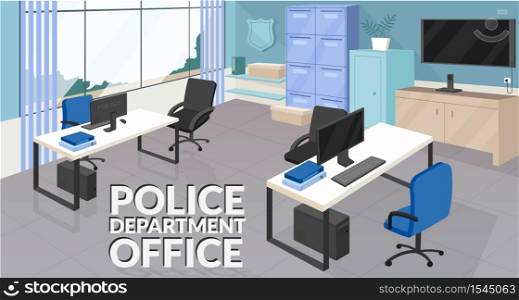 Police department office banner flat vector template. Law enforcement, security agency brochure, booklet one page concept design with cartoon illustrations. Corporate interiors flyer, leaflet. Police department office banner flat vector template