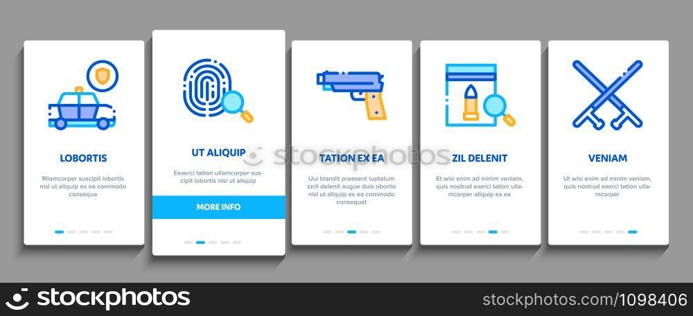 Police Department Onboarding Mobile App Page Screen. Policeman Silhouette, Police Badge And Body Armor, Helmet And Gun And Truncheon Concept Illustrations. Police Department Onboarding Elements Icons Set Vector