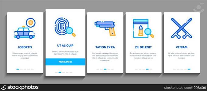 Police Department Onboarding Mobile App Page Screen. Policeman Silhouette, Police Badge And Body Armor, Helmet And Gun And Truncheon Concept Illustrations. Police Department Onboarding Elements Icons Set Vector