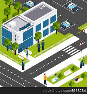 Police department station isometric poster . Police department station building street view with parking lot and surroundings background poster isometric abstract vector illustration