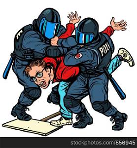 Police detain a protester, the violence against the opposition. Pop art retro vector Illustrator vintage kitsch drawing. Police detain a protester, the violence against the opposition