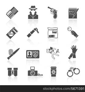 Police detective and crime evidence icons black set with handcuffs magnifier fingerprints isolated vector illustration