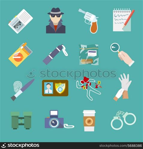 Police detective and criminal icons set of thief gun jail and flashlight isolated vector illustration
