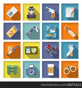 Police detective icons flat set with magnifier handcuffs coffee isolated vector illustration