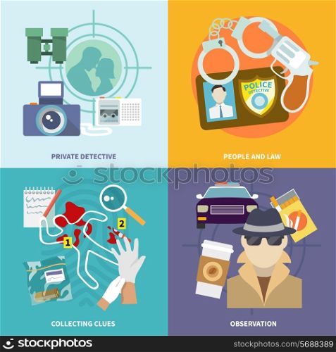 Police detective icons flat set with people and law collecting clues observation isolated vector illustration