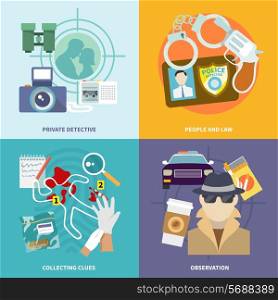 Police detective icons flat set with people and law collecting clues observation isolated vector illustration