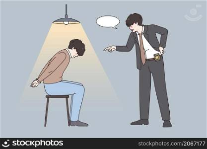 Police detective question interrogate criminal in handcuffs in department. Policeman have interrogation of suspect in cell after crime committing. Law and order, justice concept. Vector illustration. . Policeman interrogate criminal suspect in police department