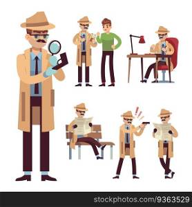 Police detective set. Inspector or investigator in hat with spying equipment and newspaper search vector investigation character concept. Police detective set. Inspector or investigator in hat with spying equipment and newspaper search vector concept