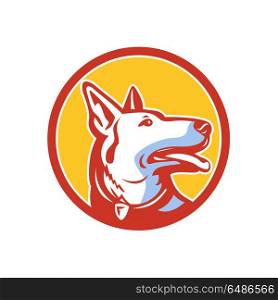 Police Dog Circle Mascot . Mascot icon illustration of head of a police dog, German Shepherd, Alsatian wolf dog or sometimes abbreviated as GSD looking up set inside circle viewed from side isolated background in retro style.. Police Dog Circle Mascot