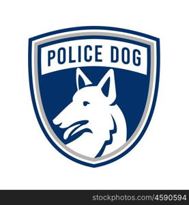 Police Dog Shield Mascot. Mascot icon illustration of head of a police dog, German Shepherd, Alsatian wolf dog or sometimes abbreviated as GSD looking to side set inside shield or crest isolated background in retro style.. Police Dog Shield Mascot