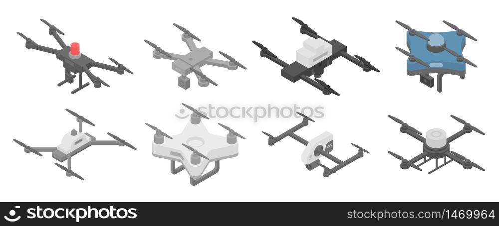 Police drone icons set. Isometric set of police drone vector icons for web design isolated on white background. Police drone icons set, isometric style