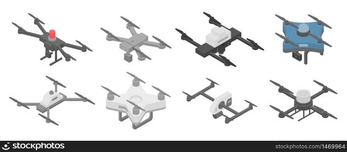 Police drone icons set. Isometric set of police drone vector icons for web design isolated on white background. Police drone icons set, isometric style