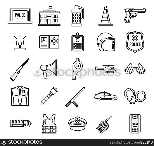 Police equipment element icons set. Outline set of police equipment element vector icons for web design isolated on white background. Police equipment element icons set, outline style