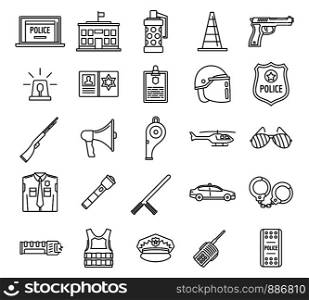 Police equipment element icons set. Outline set of police equipment element vector icons for web design isolated on white background. Police equipment element icons set, outline style