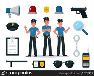 Police equipment. Police officer characters in uniform with professional equipments, badge, handcuffs and walkie-talkie, truncheon, gun, professional symbols for kids vector flat cartoon isolated set. Police equipment. Police officer characters in uniform with professional equipments, badge, handcuffs and walkie-talkie, truncheon, gun, professional symbols vector flat cartoon isolated set