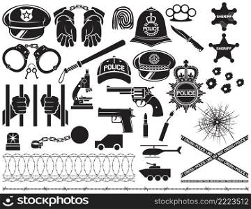 Police icons set  british bobby helmet, hat, bat, hands in handcuffs, revolver, chain with shackle, sheriff star shield, barbed wire,  bullet hole in glass 