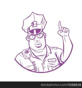 police index finger up. Comic cartoon pop art retro vector drawing illustration. police index finger up