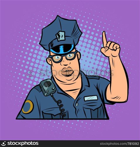 police index finger up. Comic cartoon pop art retro vector drawing illustration. police index finger up