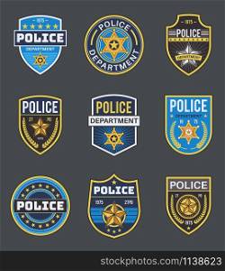 Police labels. Policeman law enforcement badges. Sheriff, marshal and ranger logo, police star medallions, security federal agent vector secure emblem insignia. Police labels. Policeman law enforcement badges. Sheriff, marshal and ranger logo, police star medallions, security federal agent vector insignia