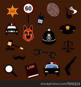 Police, law and justice flat icons with handcuff car lawbook sheriff star badge officer peaked caps fingerprint speed limit sign judge gavel radio receiver scales magnifier smoking pipe moustache. Police, law and justice flat icons set
