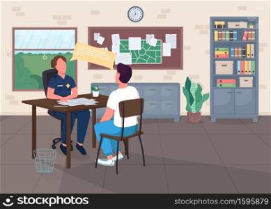 Police office flat color vector illustration. Legal department. Cop interview victim for report. Police officer with witness 2D cartoon characters with center interior on background. Police office flat color vector illustration