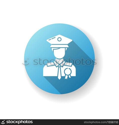 Police officer blue flat design long shadow glyph icon. Military patrol. Male guard. Deputy officer. Captain in hat. Agency representative. Federal inspector. Silhouette RGB color illustration. Police officer blue flat design long shadow glyph icon