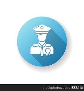 Police officer blue flat design long shadow glyph icon. Military patrol. Male guard. Deputy officer. Captain in hat. Agency representative. Federal inspector. Silhouette RGB color illustration. Police officer blue flat design long shadow glyph icon