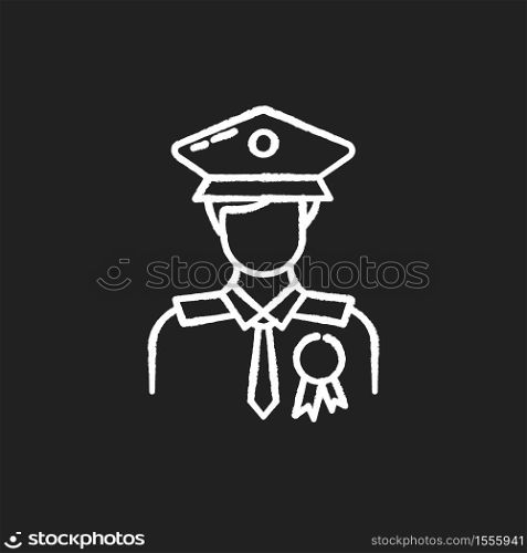 Police officer chalk white icon on black background. Military patrol. Male guard. Security man in uniform. Deputy officer. Captain in hat. Federal inspector. Isolated vector chalkboard illustration. Police officer chalk white icon on black background