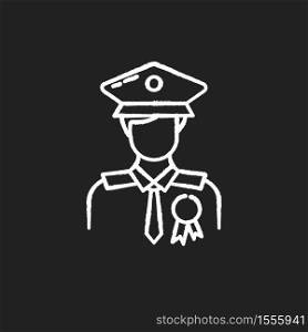 Police officer chalk white icon on black background. Military patrol. Male guard. Security man in uniform. Deputy officer. Captain in hat. Federal inspector. Isolated vector chalkboard illustration. Police officer chalk white icon on black background