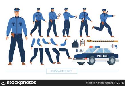 Police Officer Character Constructor Trendy Flat Design Elements Set Isolated on White Background. Policeman in Various Poses, Body Parts, Emotion Face Expressions, Car and Ammunition Illustrations. Police Officer Character Constructor Vector Set