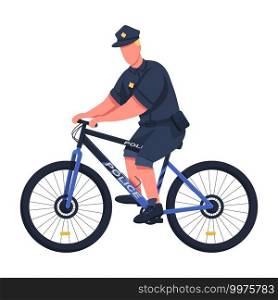 Police officer flat color vector faceless character. Bycycle patrol member. Riding bike around city to help people isolated cartoon illustration for web graphic design and animation. Police officer flat color vector faceless character