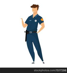 Police officer flat color vector faceless character. Law enforcer, policeman in uniform isolated cartoon illustration for web graphic design and animation. Happy patrolman, smiling cop