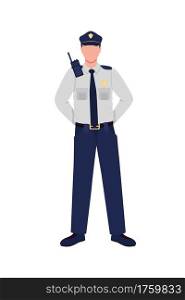 Police officer flat color vector faceless character. Policeman in uniform. Patrol guard. Law enforcement. Essential worker isolated cartoon illustration for web graphic design and animation. Police officer flat color vector faceless character