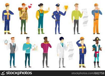 Police officer holding a golden trophy. Full length of young police officer with trophy. Police officer celebrating with trophy. Set of vector flat design illustrations isolated on white background.. Vector set of professions characters.
