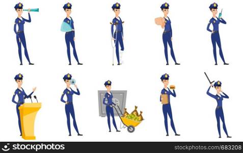 Police officer holding a spyglass. Police officer looking through the spyglass. Police officer monitoring safety with spyglass. Set of vector flat design illustrations isolated on white background.. Vector set of police woman characters.
