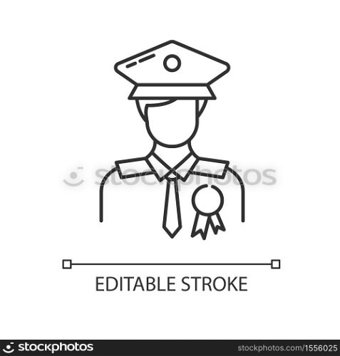 Police officer linear icon. Military patrol. Male guard. Security man in uniform. Deputy officer. Thin line customizable illustration. Contour symbol. Vector isolated outline drawing. Editable stroke. Police officer linear icon