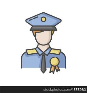 Police officer RGB color icon. Military patrol. Male guard. Security man in uniform. Deputy officer. Captain in hat. Agency representative. Federal inspector. Isolated vector illustration. Police officer RGB color icon