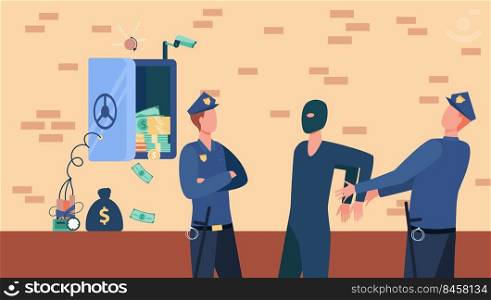 Police officers arresting bank safe robber man. Policemen catching thief flat vector illustration. Security, robbery crime concept for banner, website design or landing web page